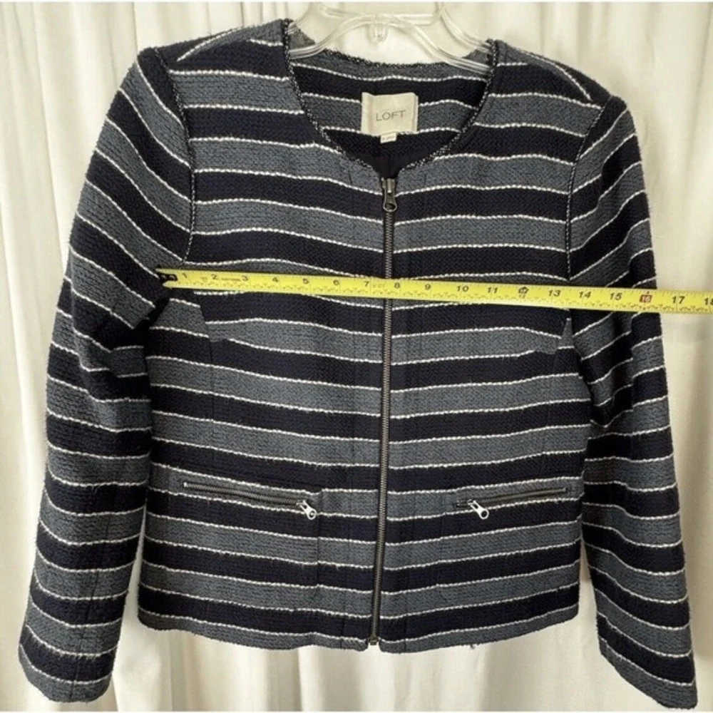 LOFT Navy Blue Striped Full Zip Textured‎ Cotton Blend Jacket 6 Nautical 53-11